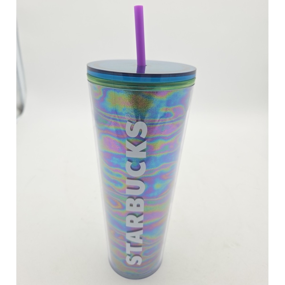 Starbucks 24oz Tumbler Coffee Cup Purple Oil Slick Sparkle With Straw and Lid